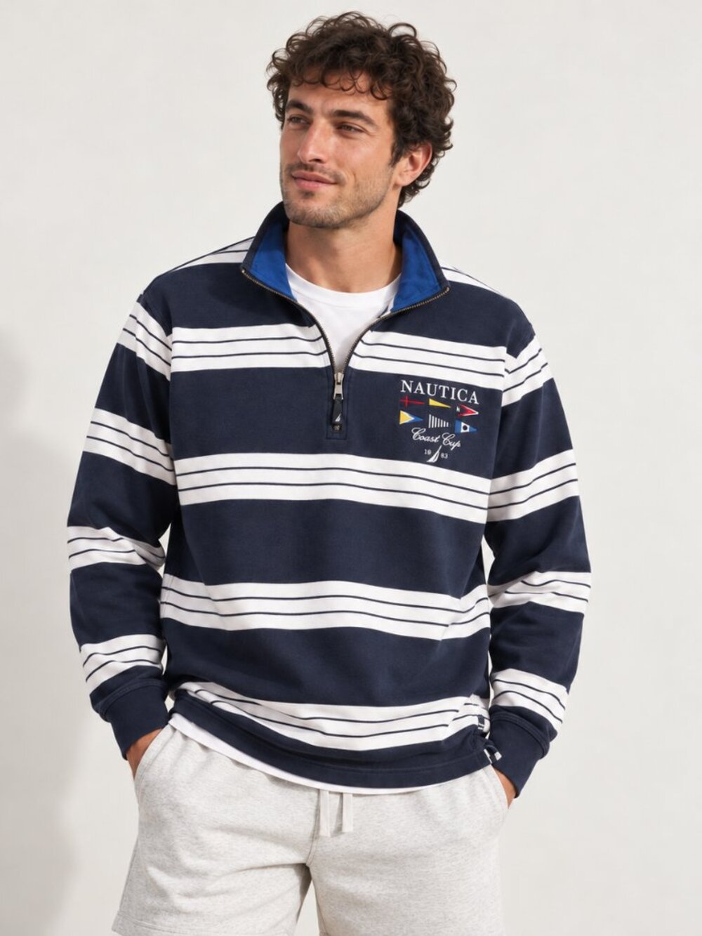 Nautica North Coast Sailing Club Coast Cup Striped Preppy Quarter Zip Pullover L